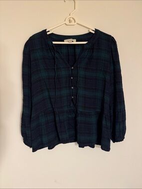 LOFT Navy and Green Plaid Button-Front Peasant Blouse